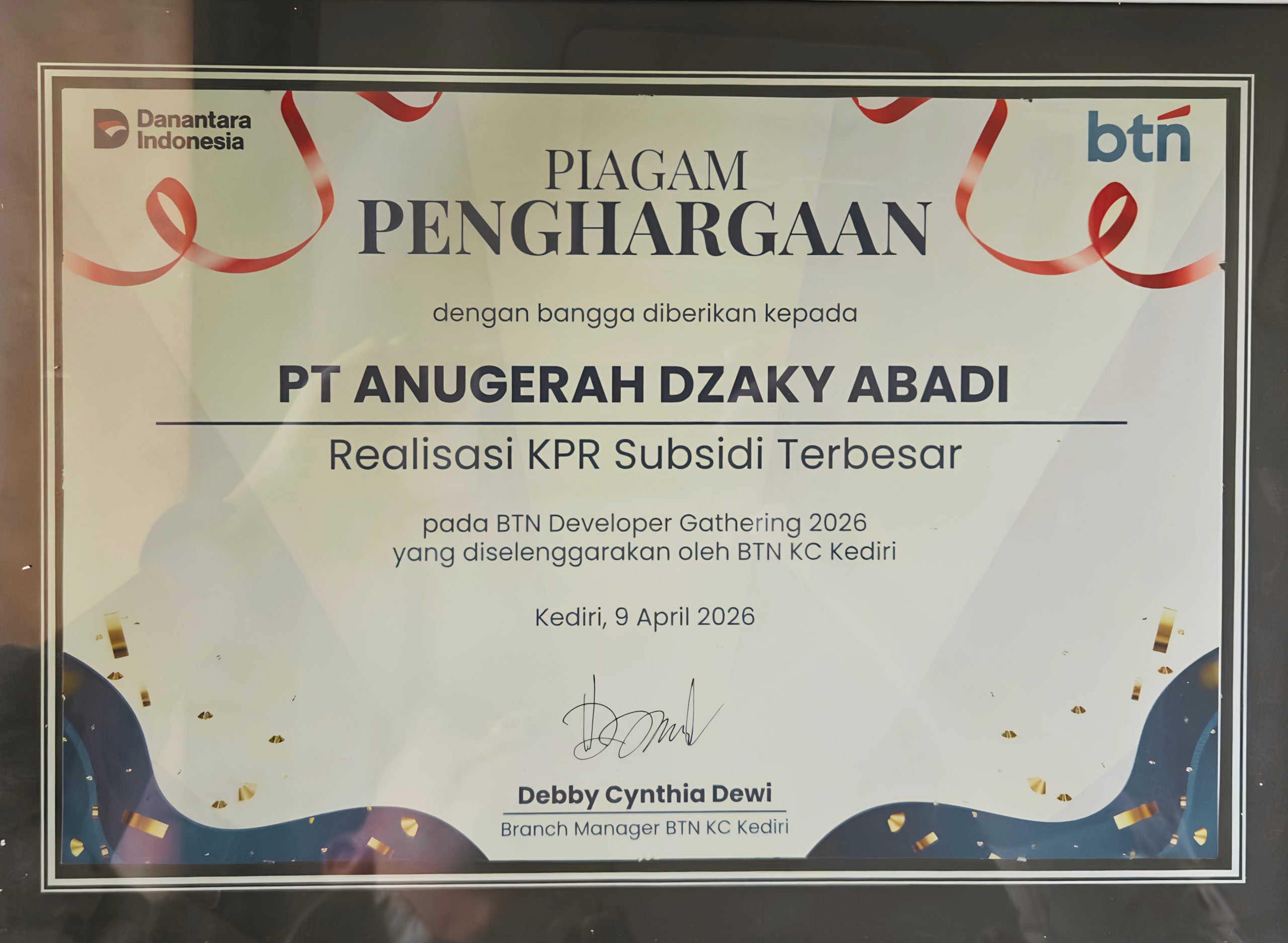 PIAGAM PENGHARGAAN REALISASI KPR SUBSIDI (DARI BANK BTN)